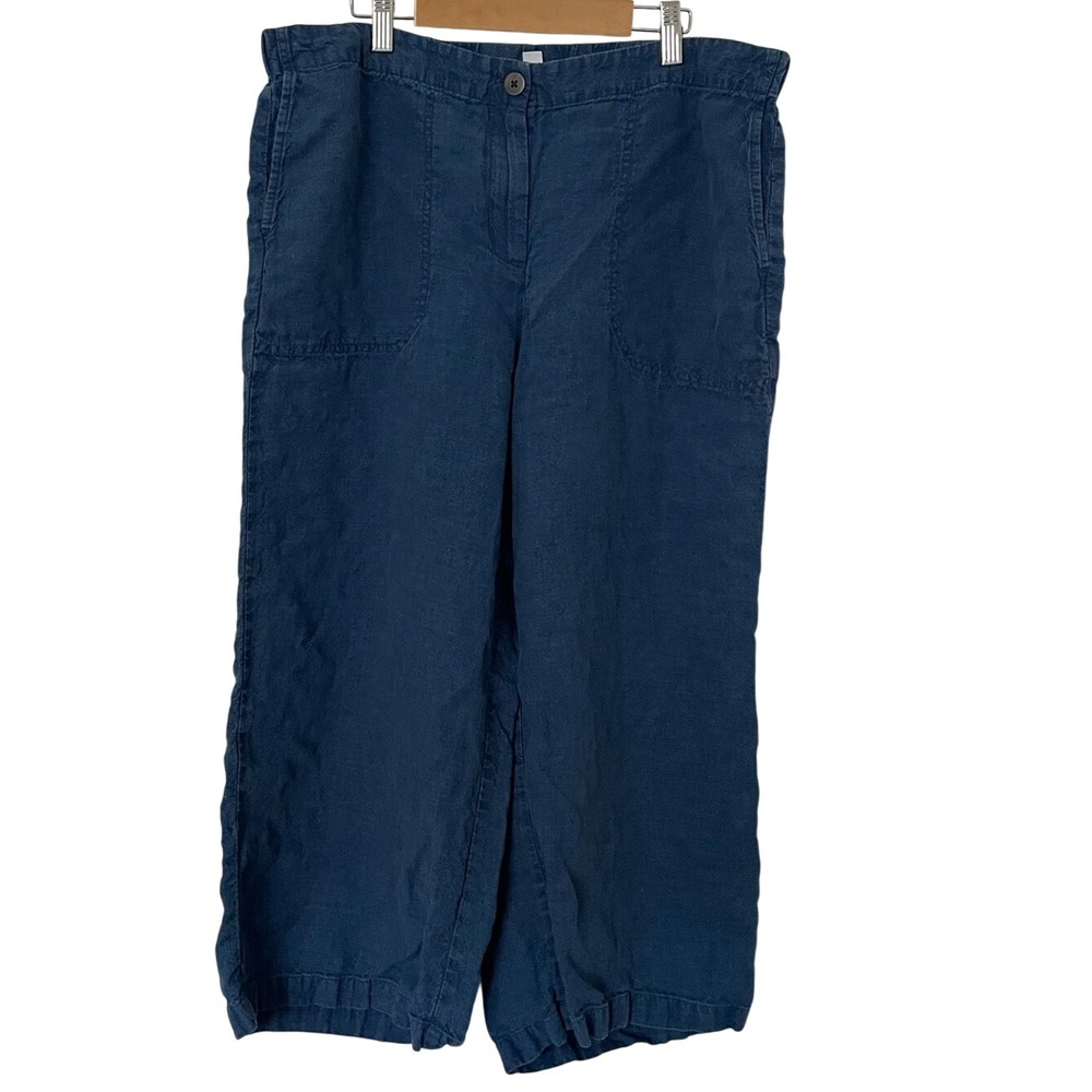 J Jill Love Linen Pants LP Large Petite Blue 100% Linen Wide Leg Coastal Cropped